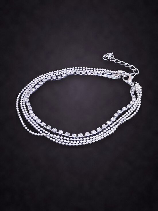 Jewelry - Silver Tone Layered 3 Strand Bead and Crystal Chain Anklet NWT